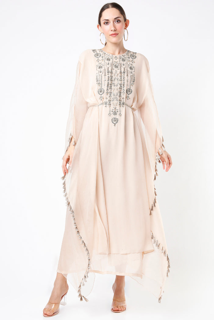 Stone Organza And Georgette Kaftan With Embroidered Yoke