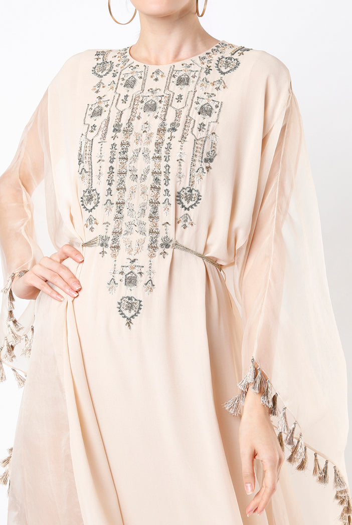 Stone Organza And Georgette Kaftan With Embroidered Yoke