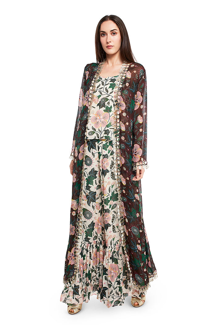 White Colour Printed Art Georgette Camisole with Frill Palazzo and Brown Colour Printed Duster Jacket