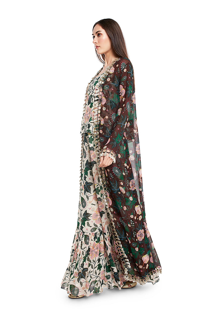 White Colour Printed Art Georgette Camisole with Frill Palazzo and Brown Colour Printed Duster Jacket