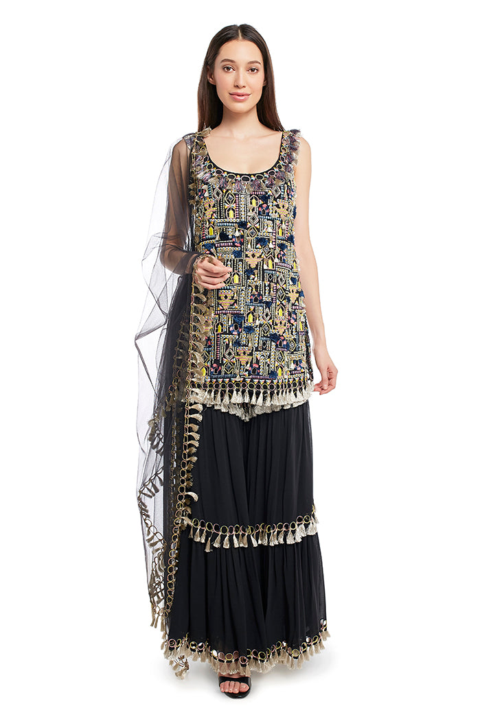 Black Colour Georgette Kurta with Sharara and Net Dupatta
