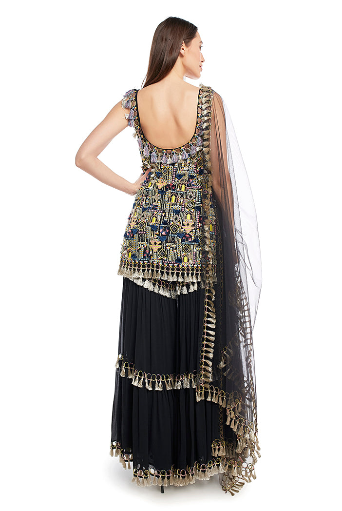 Black Colour Georgette Kurta with Sharara and Net Dupatta