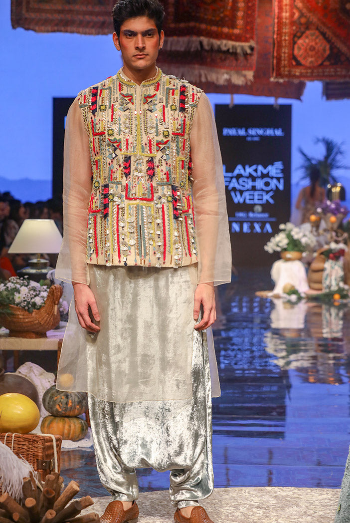 Umair Stone Organza Bandi and Kurta with Periwinkle Blue Low Crotch Pant
