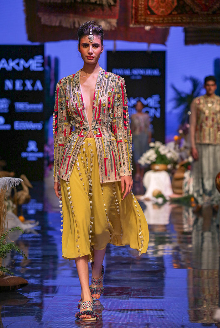 Marakesh Stone Organza Back Tie-up Jacket with Lime Green Georgette Skirt