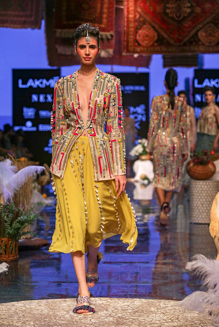 Marakesh Stone Organza Back Tie-up Jacket with Lime Green Georgette Skirt