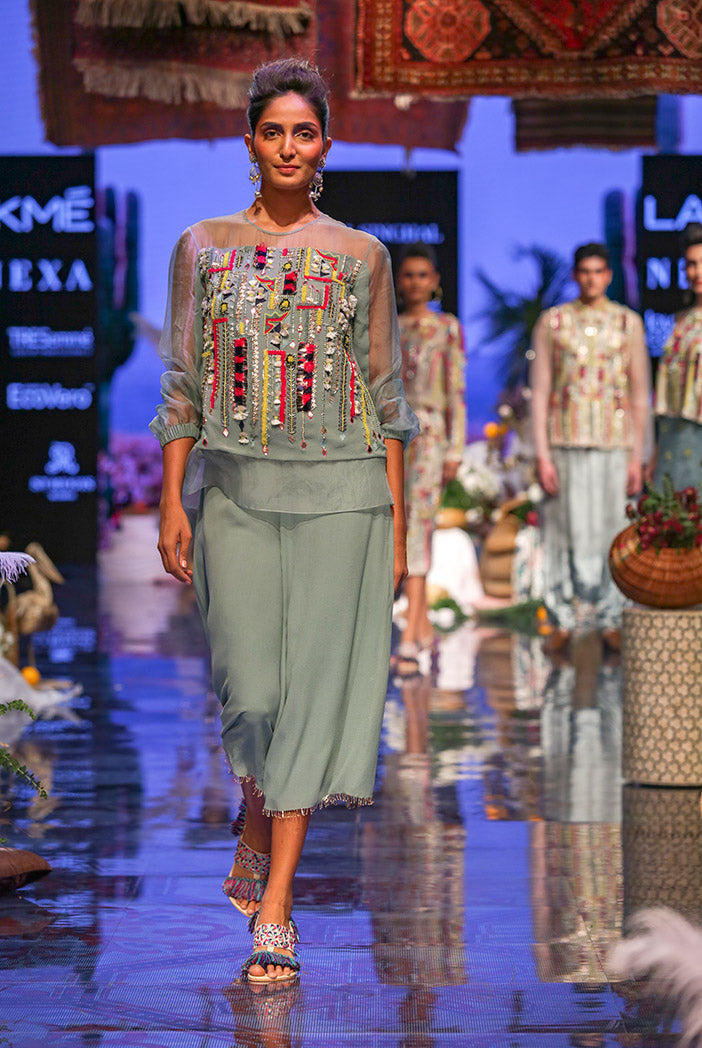Julia Periwinkle blue Georgette and Organza Top with Georgette Culottes Pant