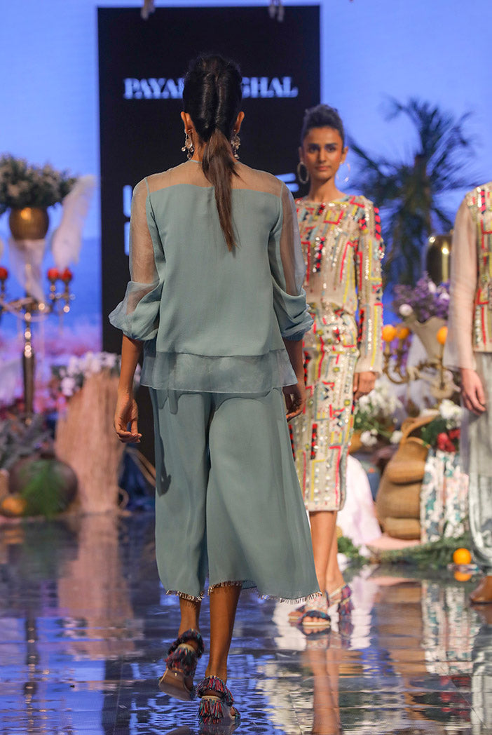Julia Periwinkle blue Georgette and Organza Top with Georgette Culottes Pant