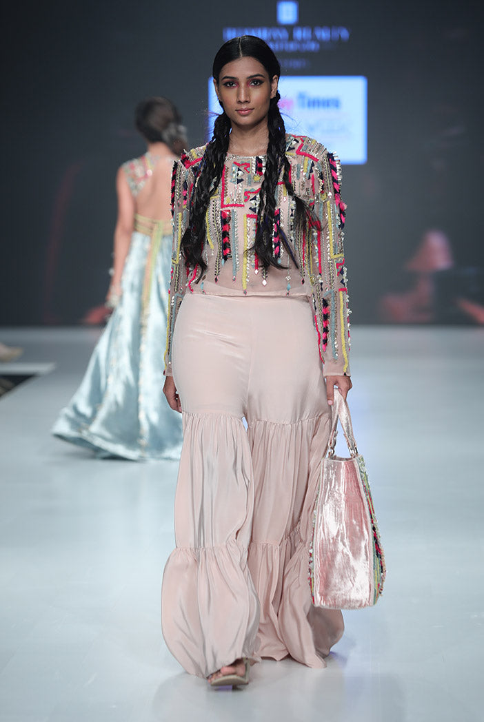 Fariba Rose Pink Organza Crop Top with Crepe Bustier and Sharara Pant