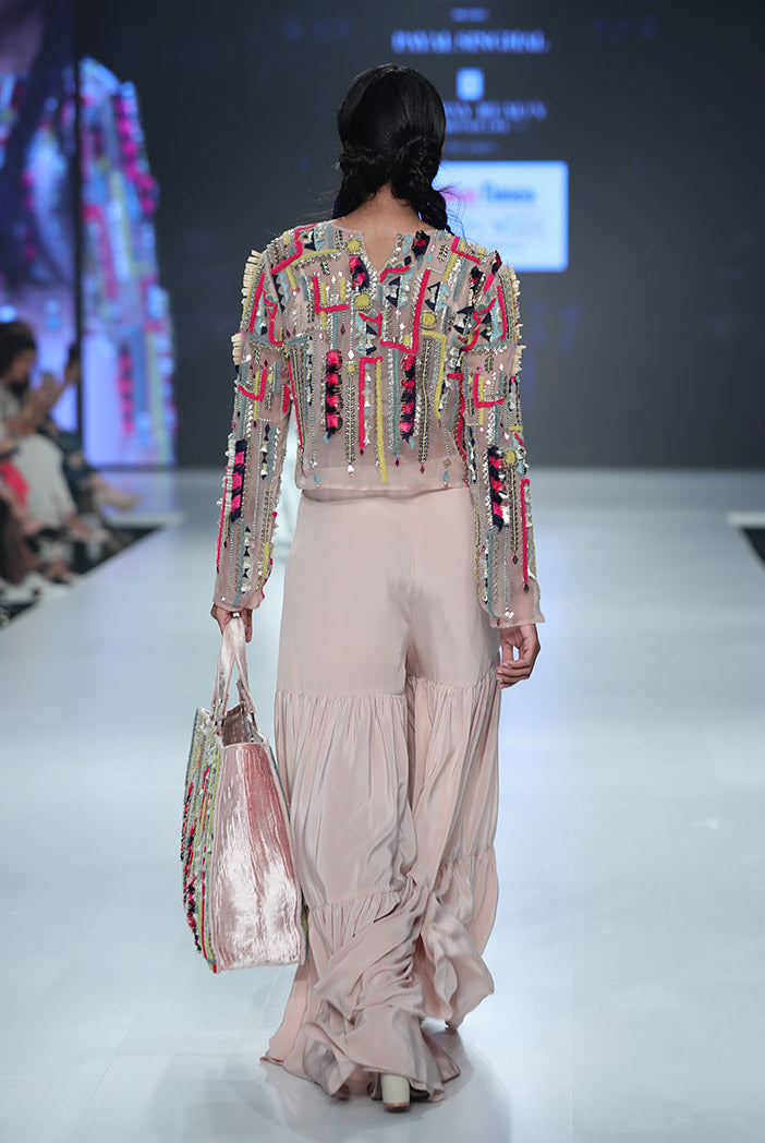 Fariba Rose Pink Organza Crop Top with Crepe Bustier and Sharara Pant