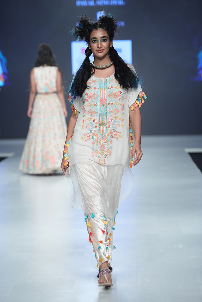 Kiya Chalk White Georgette and Organza Kaftan Tunic with Velvet Low Crotch Pant