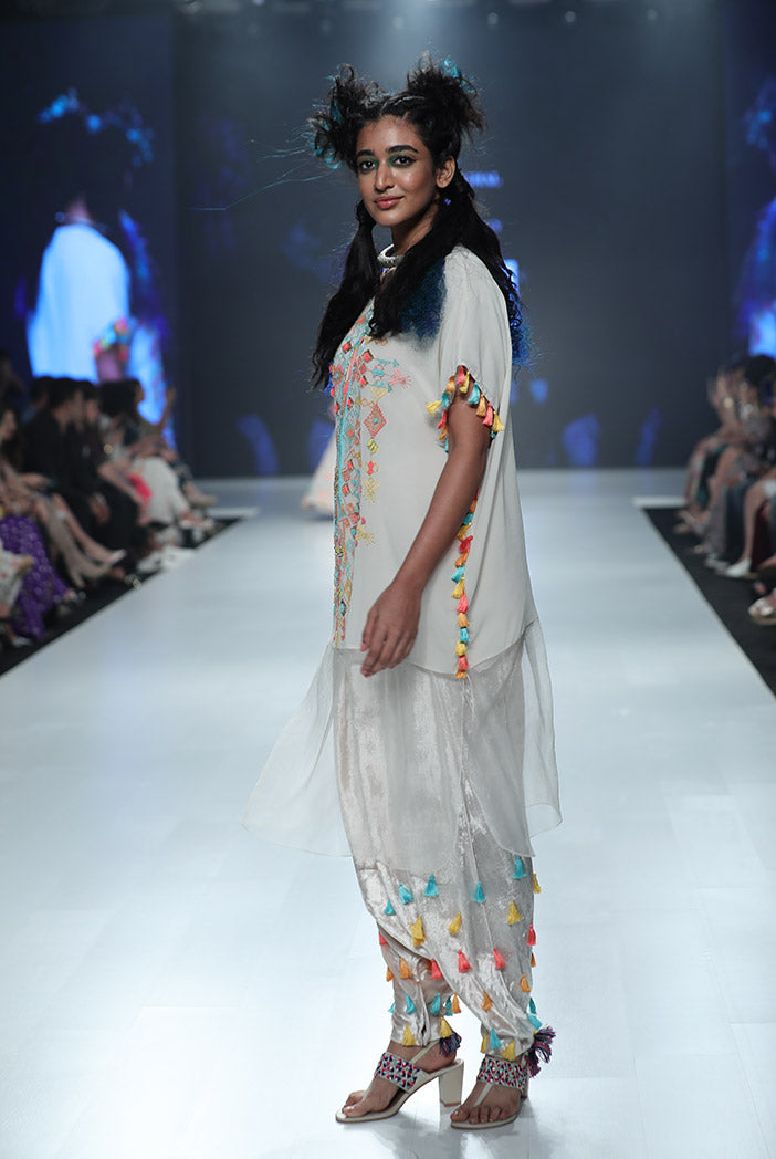 Kiya Chalk White Georgette and Organza Kaftan Tunic with Velvet Low Crotch Pant