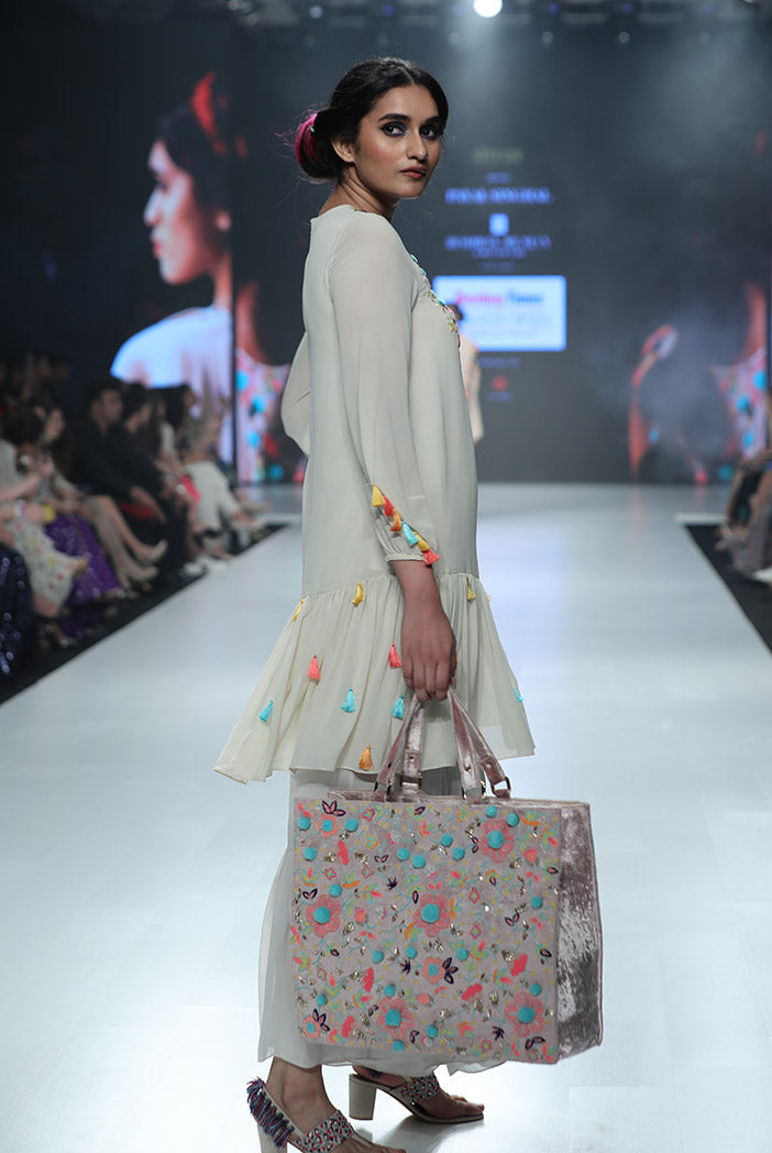 Minoo Chalk White Georgette Frill Kurta with Frill Palazzo