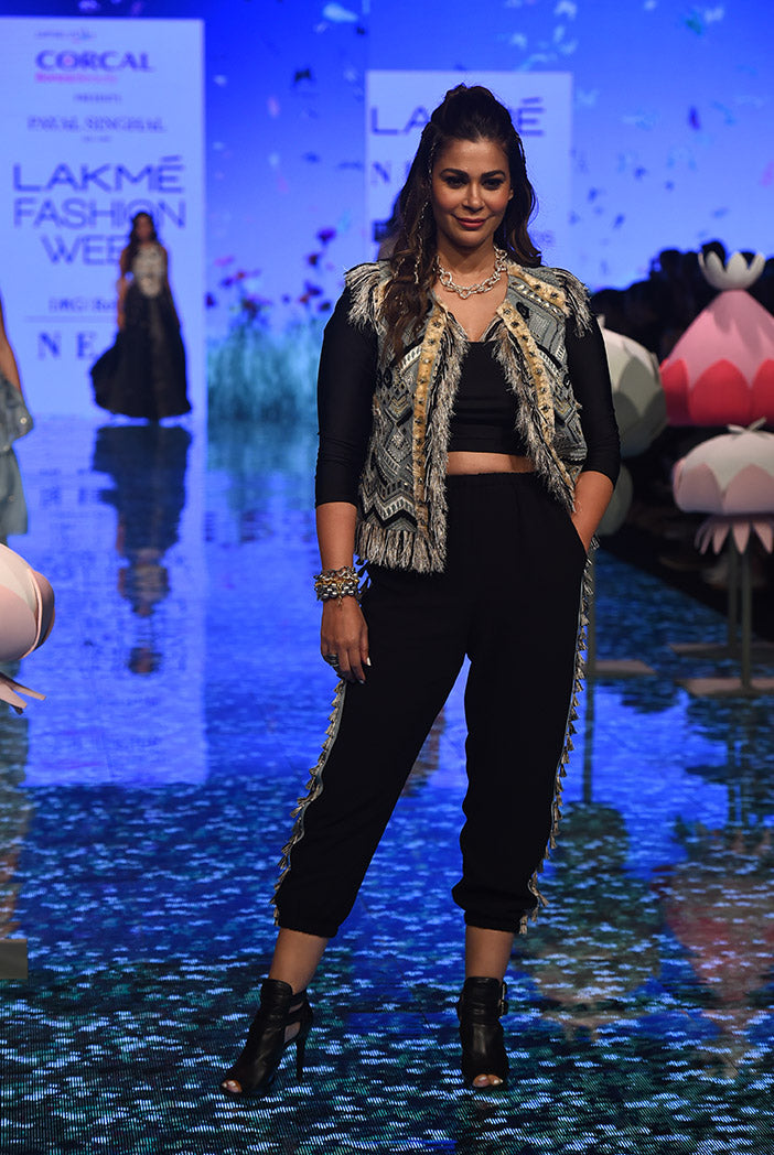 Iraj Pale Blue Georgette Jacket and Black Lycra Top and Georgette Pant