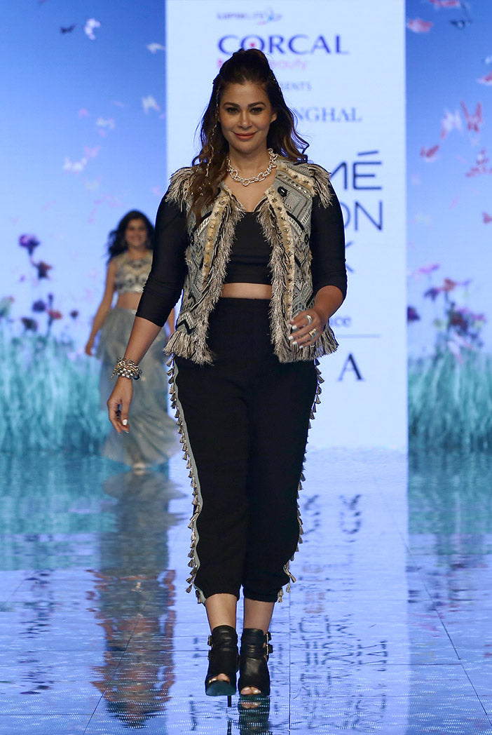 Iraj Pale Blue Georgette Jacket and Black Lycra Top and Georgette Pant