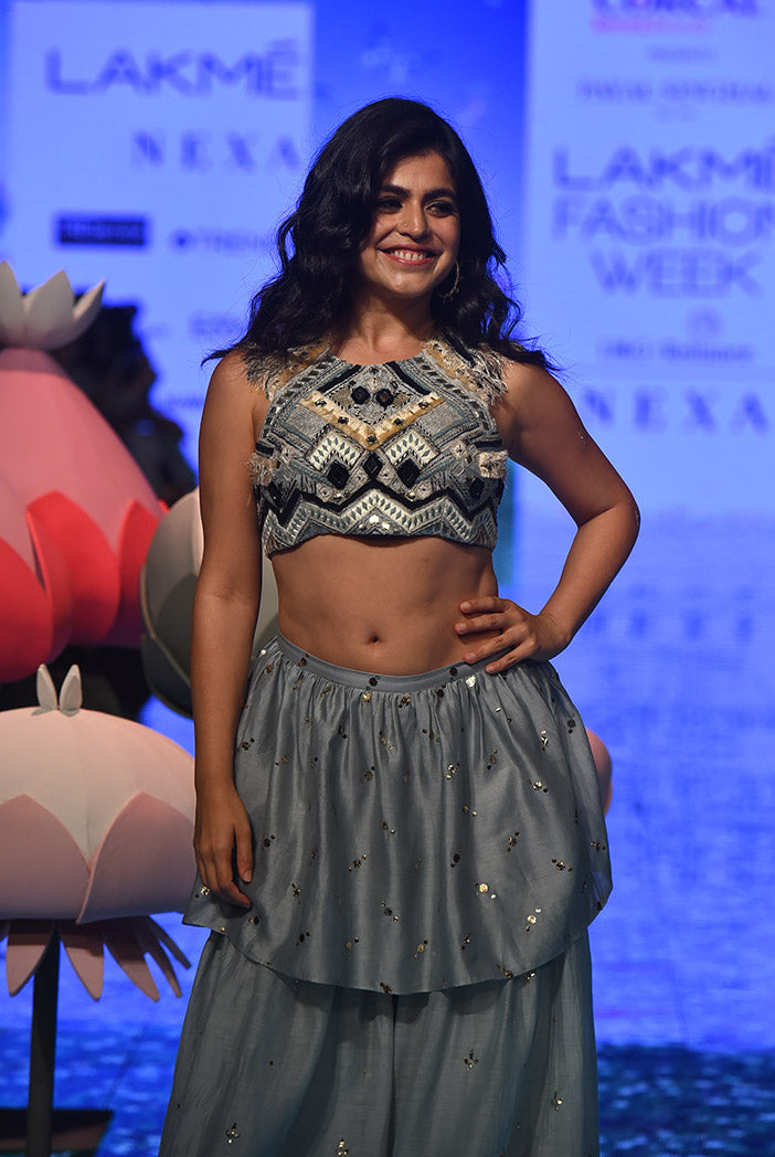 Shahnaz Pale Blue Chander Stripe Choli with Mukaish Silkmul Sharara