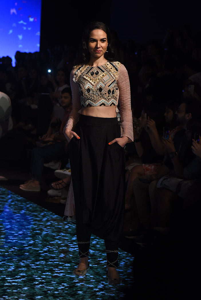 Arsia Blush Crepe with Chanderi Cropped Anarkali and Black Lycra Low Crotch Pant