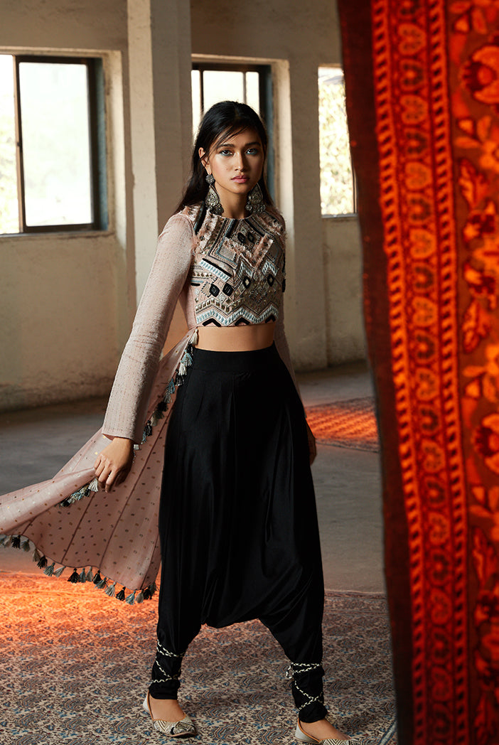 Arsia Blush Crepe with Chanderi Cropped Anarkali and Black Lycra Low Crotch Pant