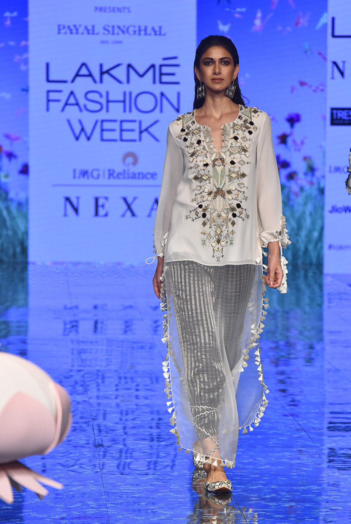 Anosh Chalk White Georgette Kaftan Tunic and Black Chanderi Stripe Jogger Pant