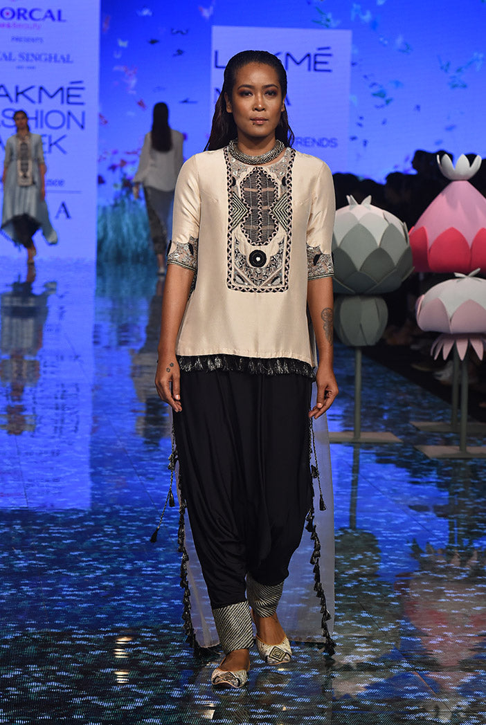 Amineh Stone Silk High Low Kurta with Black Lycra Low Crotch Pant