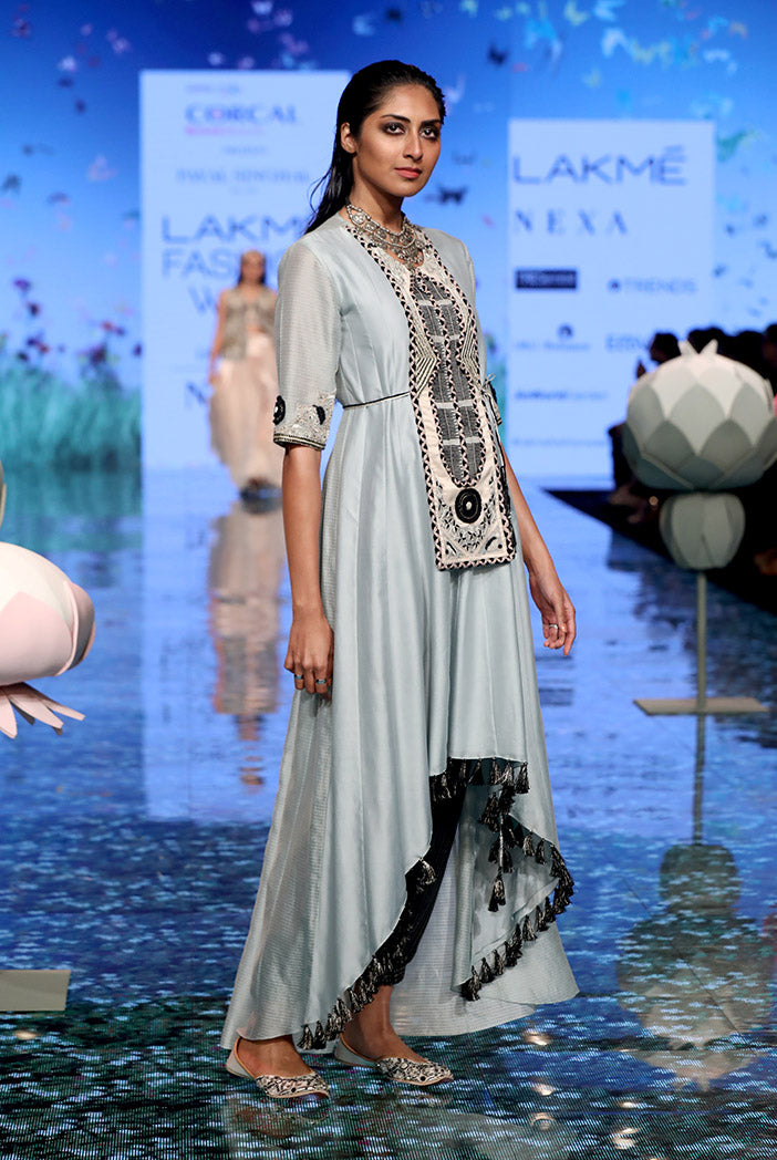 Azara Pale Blue Silkmul Yoke Embroidered High Low Kurta with Black Chanderi Stripe Jogger Pant