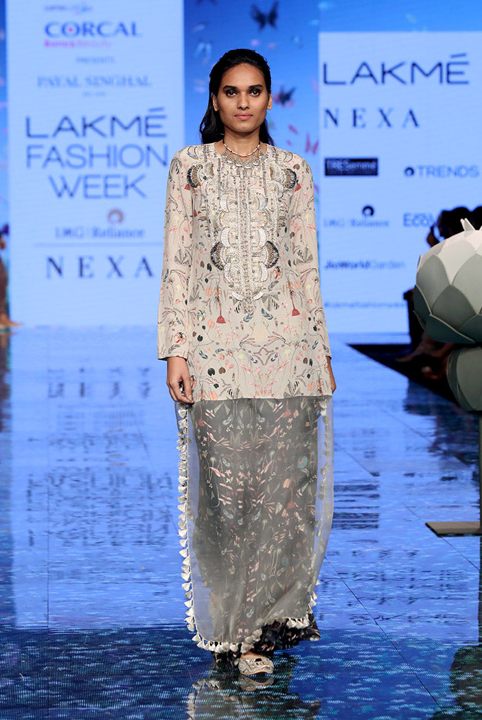 Malisa Khaki Printed Crepe and Organza Kaftan Tunic with Black Printed Crepe Sharara