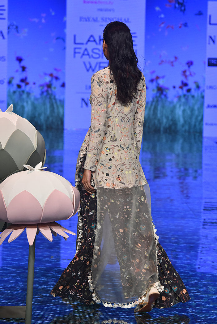Malisa Khaki Printed Crepe and Organza Kaftan Tunic with Black Printed Crepe Sharara