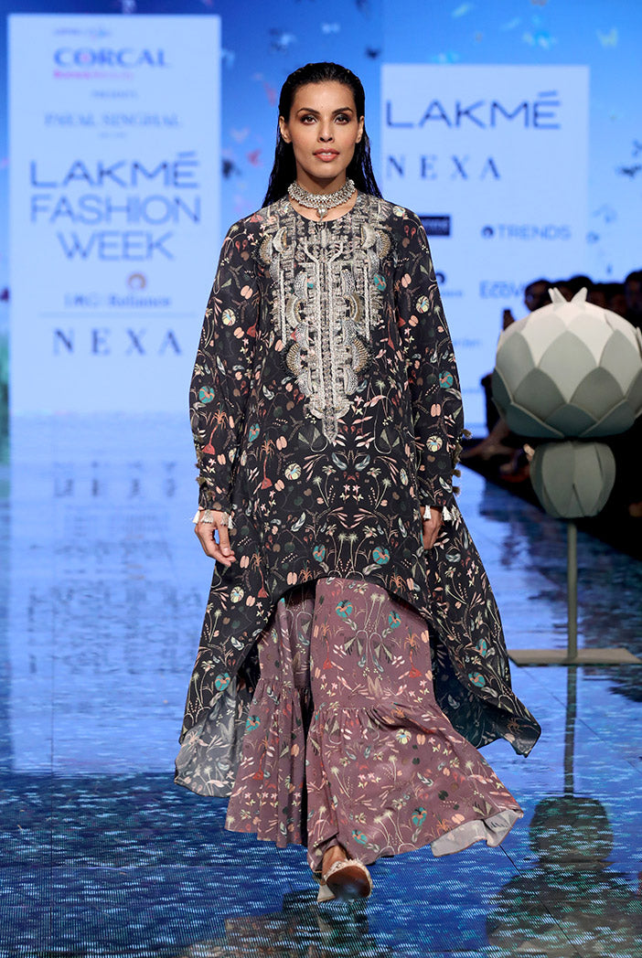 Pirooz Black Printed Crepe Embroidered Kurta with Purple Printed Crepe Sharara