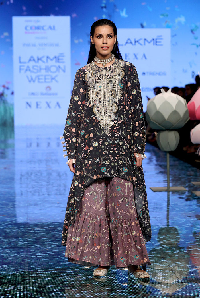 Pirooz Black Printed Crepe Embroidered Kurta with Purple Printed Crepe Sharara
