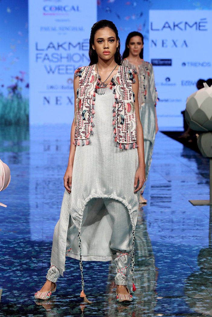 Parviz Chalk White Georgette Jacket with Pale Blue Chanderi Stripe Kurta and Jogger Pant