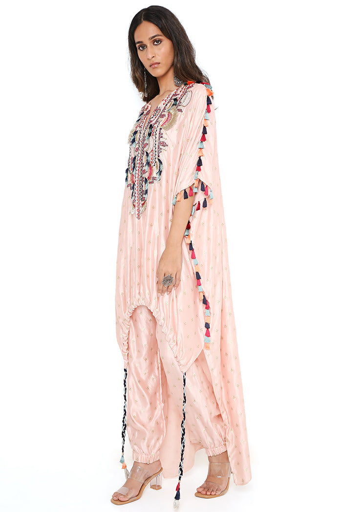 Rose Pink Banarasi Silk Yoke Embroidered Kurta Worn With Jogger Pant
