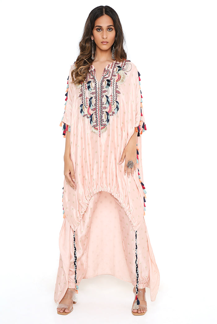 Rose Pink Banarasi Silk Yoke Embroidered Kurta Worn With Jogger Pant