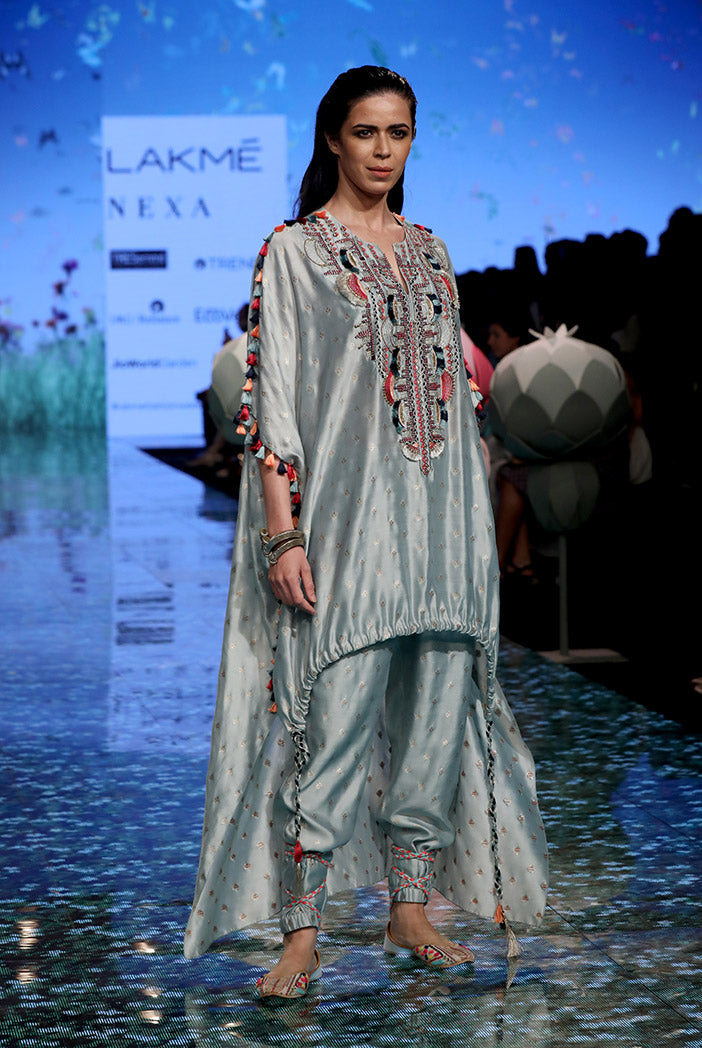 Nida Pale Blue Banarsi Silkmul Kaftan and Jogger Pant