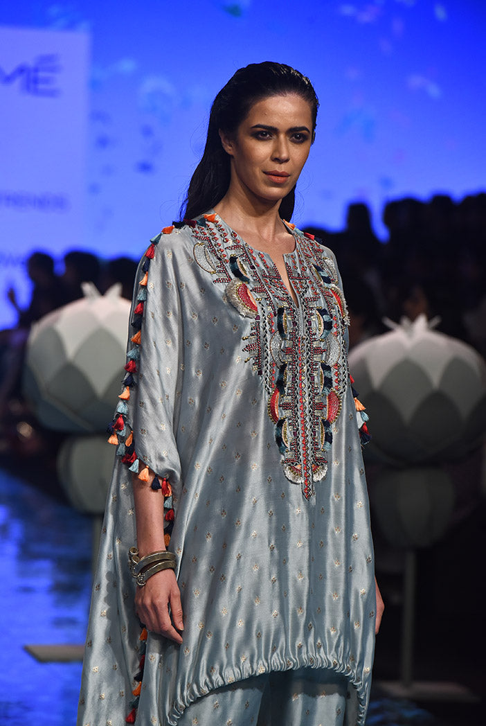 Nida Pale Blue Banarsi Silkmul Kaftan and Jogger Pant