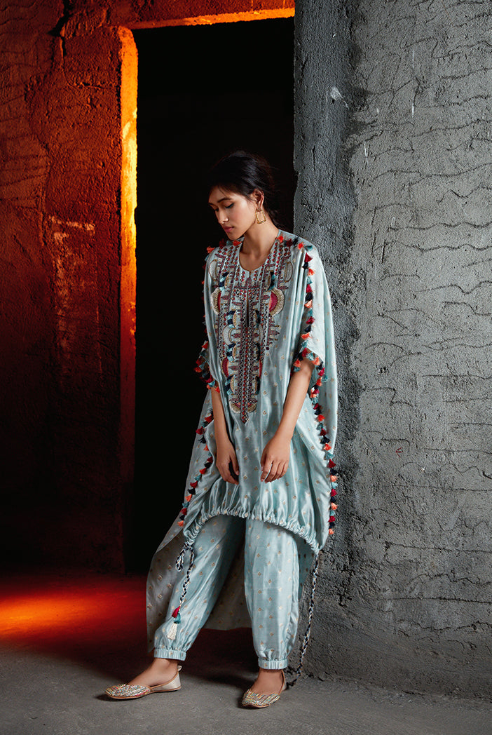 Nida Pale Blue Banarsi Silkmul Kaftan and Jogger Pant