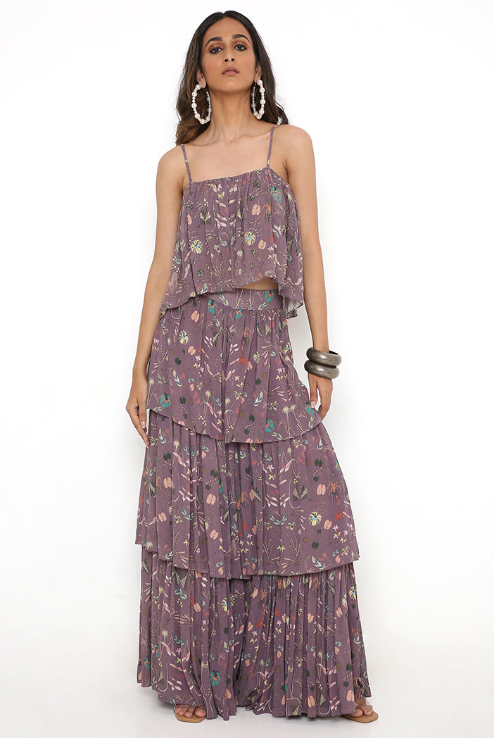 Eggplant Print Embroidered Georgette Off Shoulder Top And Printed Layered Sharara