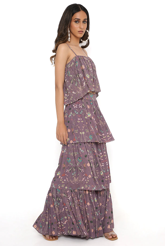 Eggplant Print Embroidered Georgette Off Shoulder Top And Printed Layered Sharara