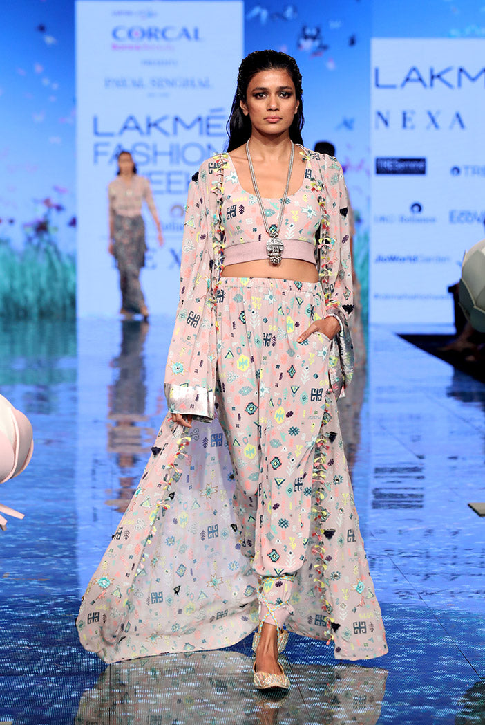 Daliah Lavender Lime Printed Georgette Embroidered Jacket and Crepe Bustier with Jogger Pant