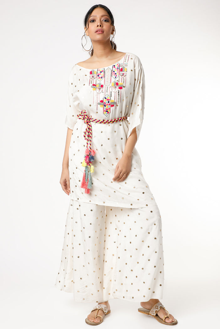 Off White Dot Mukaish Crepe Yoke Embroidered Kaftan With Palazzo And Belt