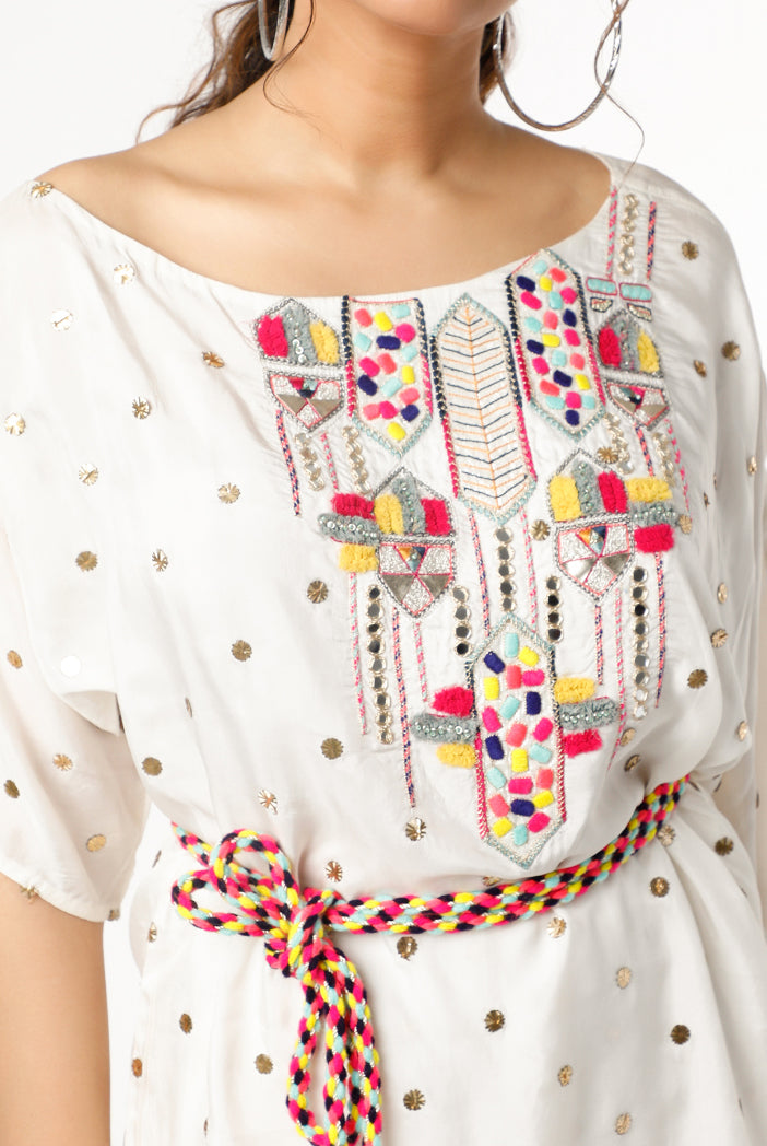 Off White Dot Mukaish Crepe Yoke Embroidered Kaftan With Palazzo And Belt