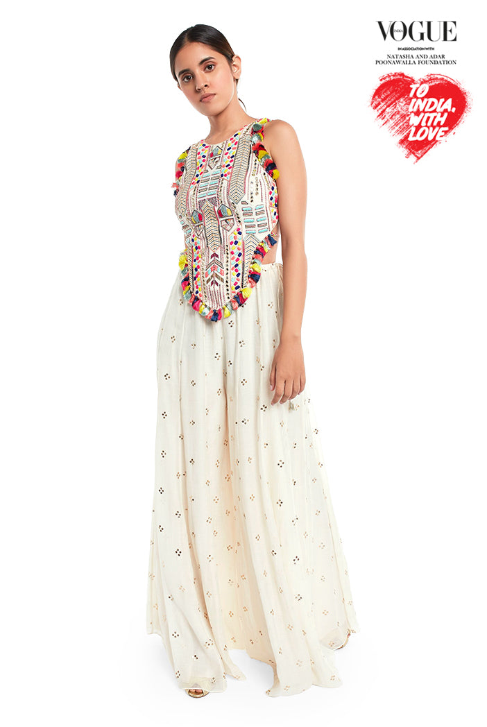 Off White Colour Georgette Tie-Up Choli with Mukaish Silkmul Sharara