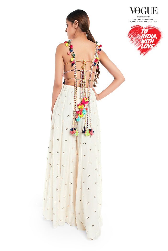 Off White Colour Georgette Tie-Up Choli with Mukaish Silkmul Sharara