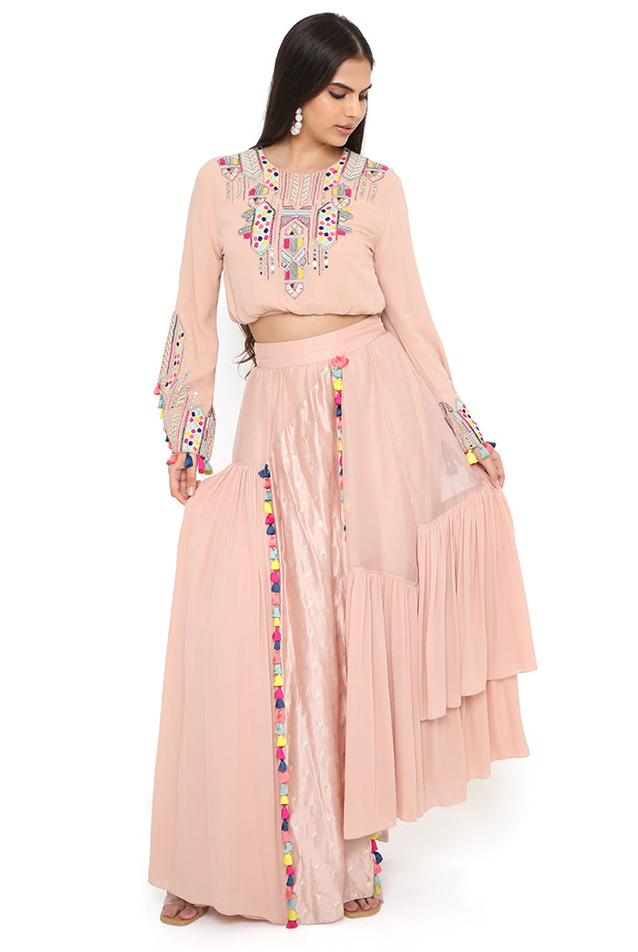 Blush Pink Embroidered Top With Blush Pink Organza And Georgette Asymmetric Skirt