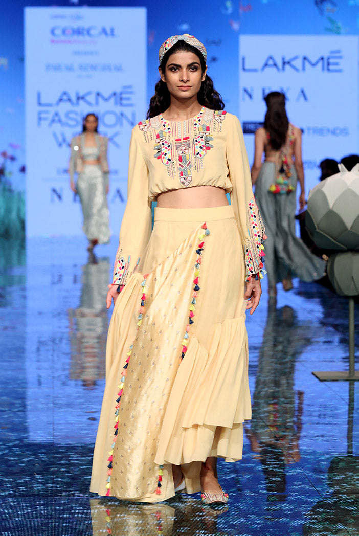 Abisha Pale Yellow Crop Top with Asymmetric Skirt