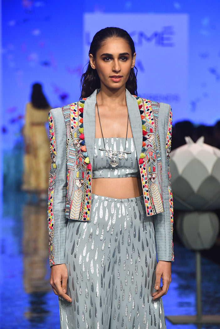 Farida Pale Blue Jacket with Bustier and Sharara