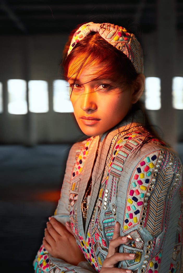 Farida Pale Blue Jacket with Bustier and Sharara