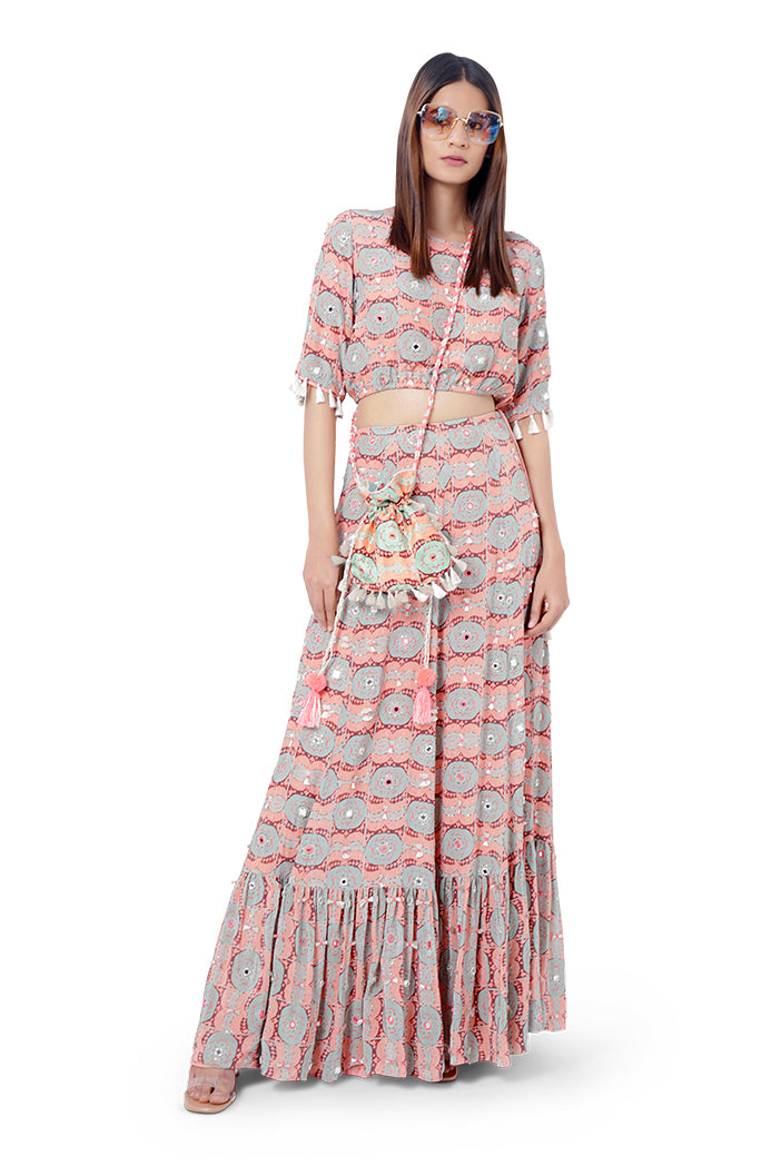 Farzin Coral Colour Printed and Embroidered Crepe Balloon Top with Frill Skirt
