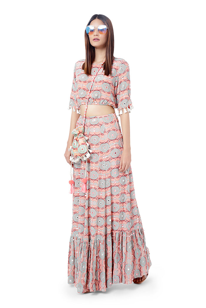 Farzin Coral Colour Printed and Embroidered Crepe Balloon Top with Frill Skirt