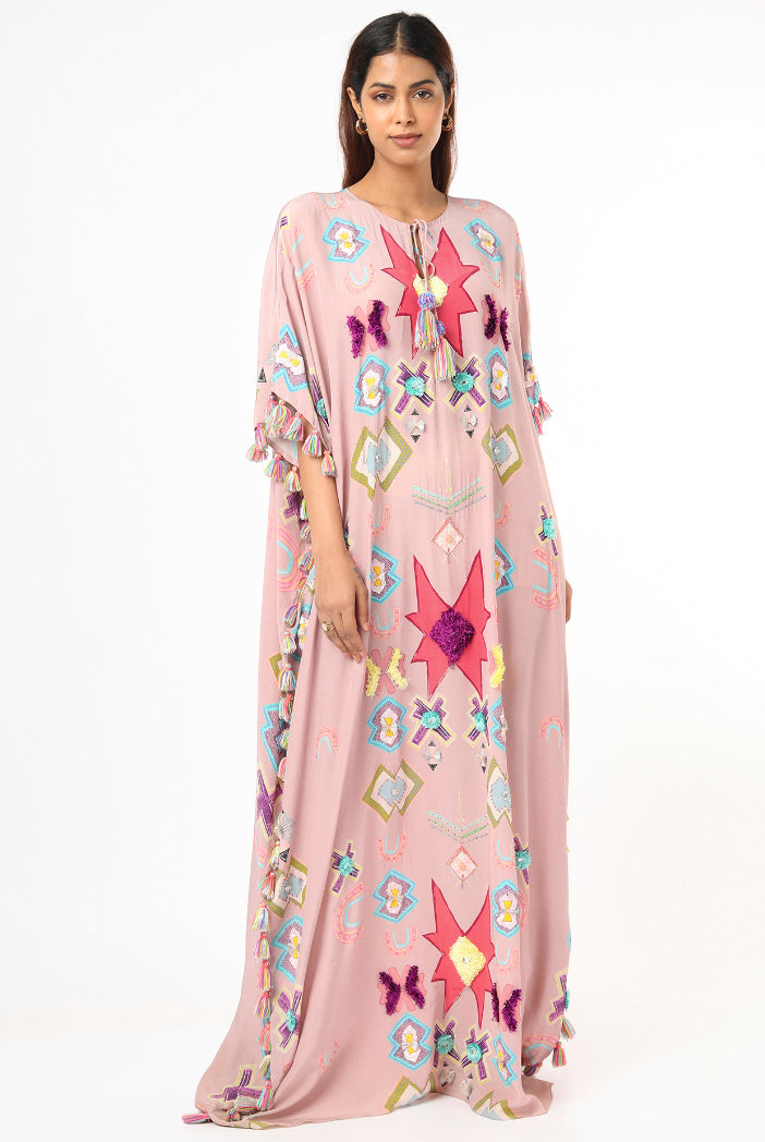 Pink Big Ikat Star Print Crepe Front Embroidered Kaftan With Tassels
