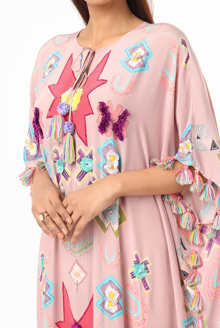 Pink Big Ikat Star Print Crepe Front Embroidered Kaftan With Tassels