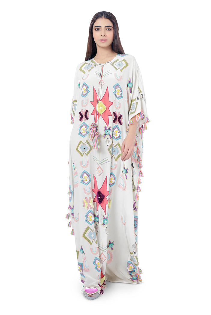 Aiza White Printed Crepe Embroidered Kaftan